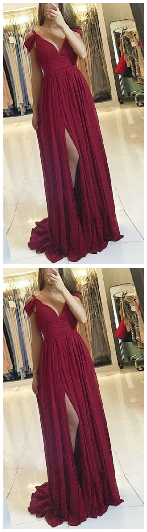 Off the Shoulder Long Chiffon Dresses Burgundy main image 1