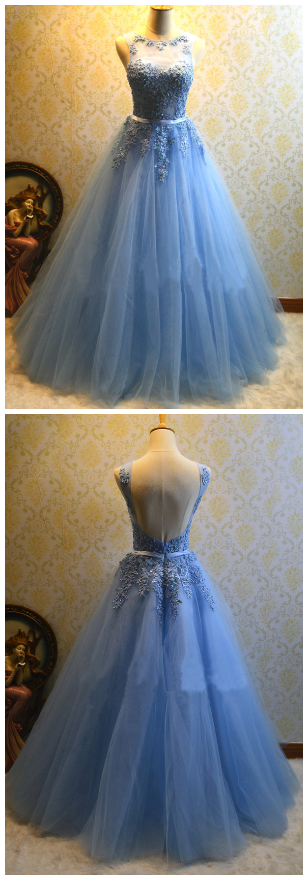 Ball Gown Blue Prom Dress,tulle Appliques Prom Dresses,long Quinceanera Dresses