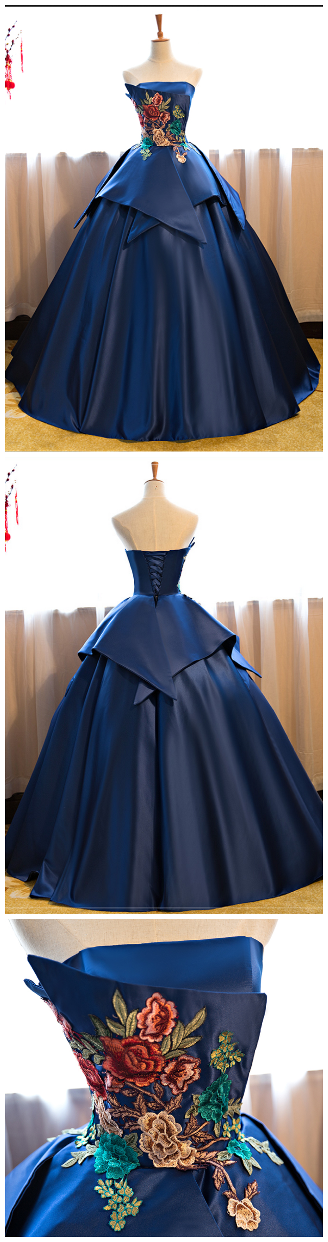 Royal Blue Floor Length Prom Dress Satin Wedding Gown Featuring Floral Embroidered Strapless Prom Dresses