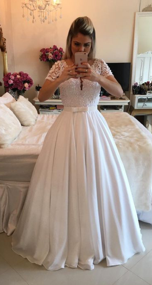 Princess Prom Dresses,short Sleeves Prom Dresses,a-line Prom Dresses,white Prom Dress,prom Dresses For Teens,beaded Prom Gowns,prom