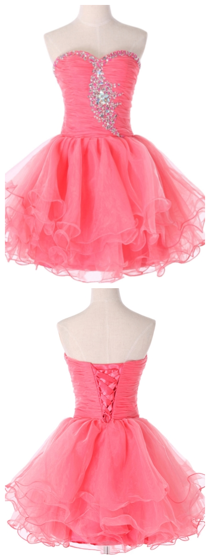 Watermelon Sweetheart Beaded Ruches Short Homecoming Dresses