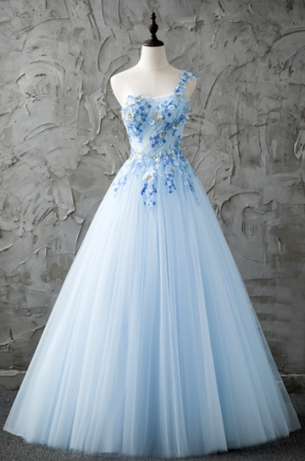 Blue One-shoulder A-line Beading Pleats Floor-length Prom Dresses