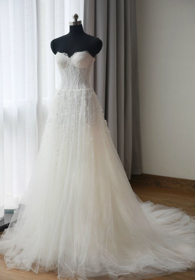 Tulle Wedding Gown Featuring Crystal Flower Embellishments And Lace Strapless Sweetheart