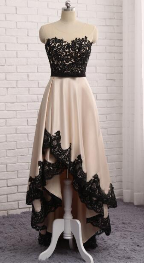 Evening Dress Front Short Back Long Black Lace Champagne Prom Dresses