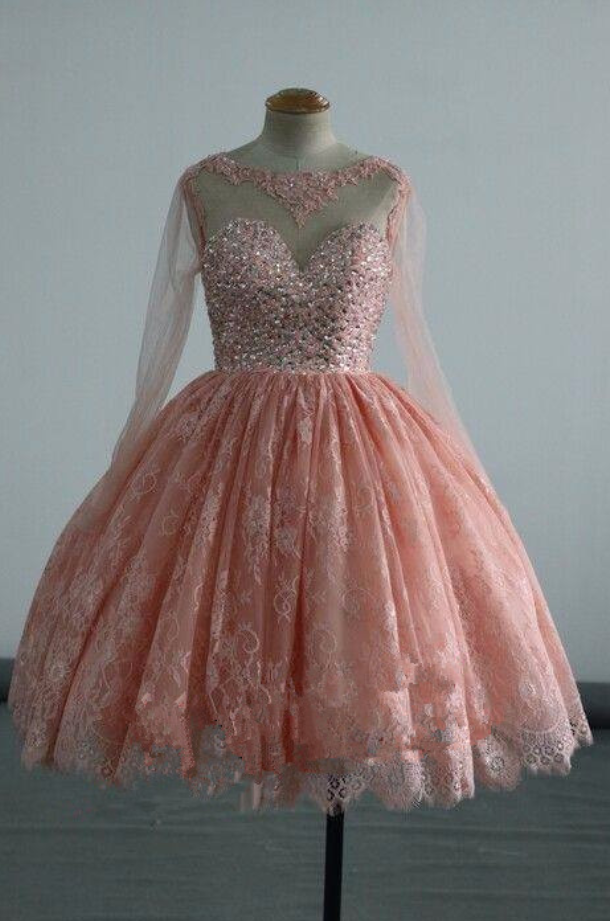 Lovely Pink Teen Homecoming Dresses, Long Sleeves Formal Dresses