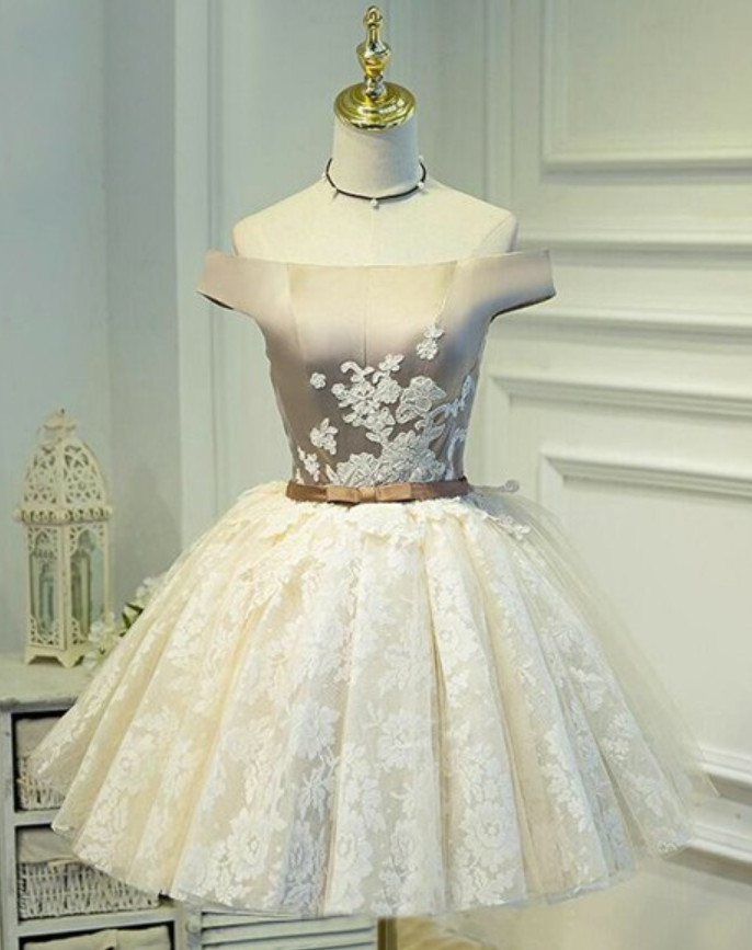Ball Gown Off Shoulder Short Ivory Lace Homecoming Dress With Appliques