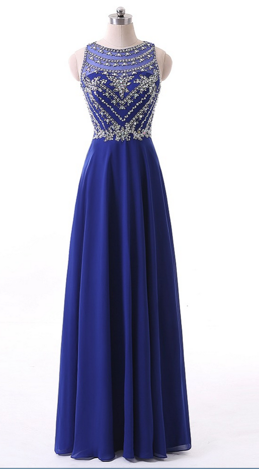 Long Evening Dress Blue Chiffon Festa Sexy Scoop Sleeveless Beaded Formal Party Gowns A Line Prom Dresses