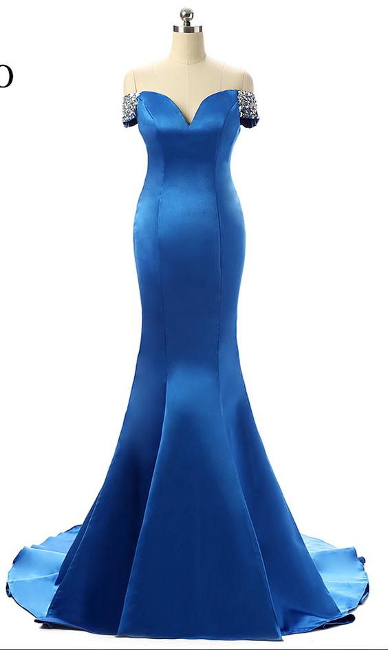 Mermaid Blue Long Evening Dress Elegant Robe De Soiree Off The Shoulder Short Sleeves Long Prom Dresses