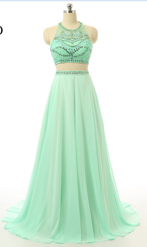 2 Piece Evening Dress Real Sample Fashion Mint Green Beads Halter Prom Dresses A Line Evening Gowns