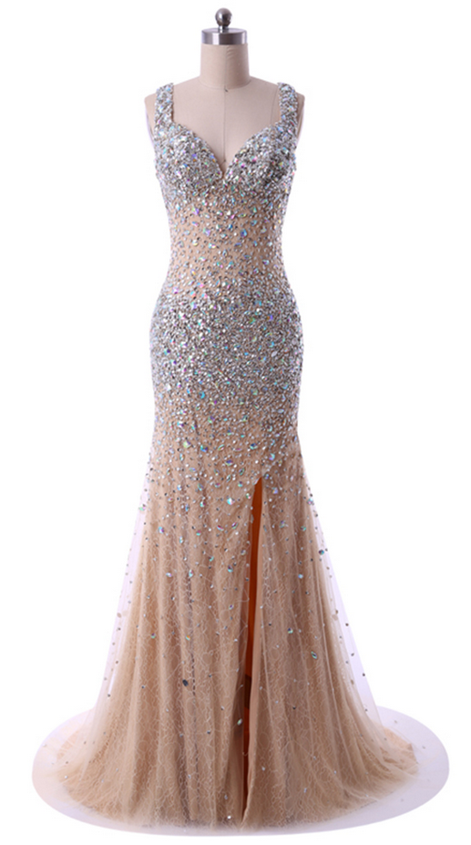 Long Evening Dress Rhinestone Prom Dresses Fashion V Neck Mermaid Floor Length Real Photos