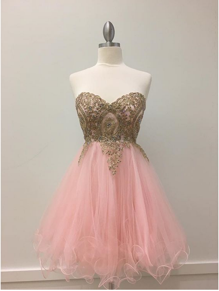 Tulle Sweet Pink Lace Applique Homecoming Dresses