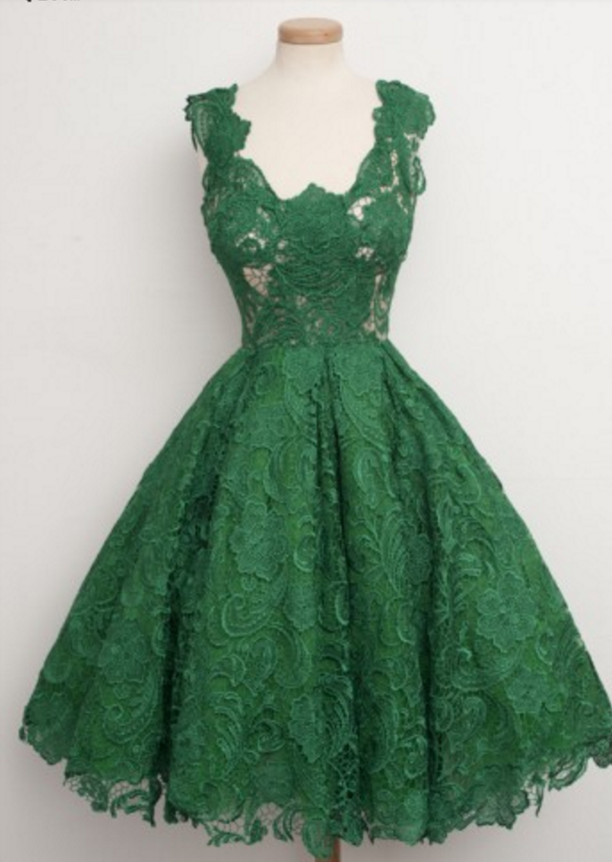 Vintage Scoop Homecoming Dress,green Lace Homecoming Dress,knee-length Homecoming Dresses