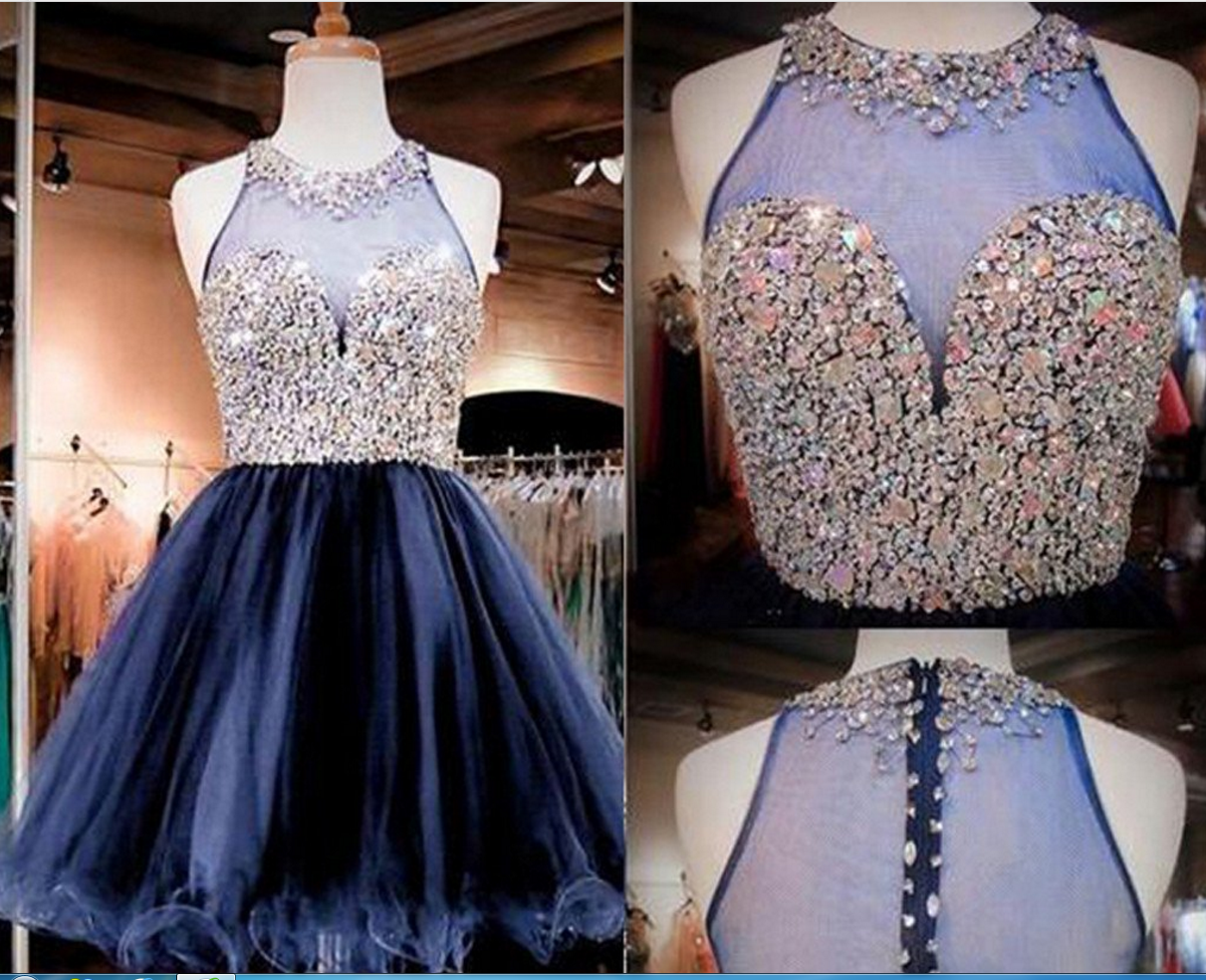 Gorgeous Navy Blue Rhinestone Beaded Organza Homecoming Dresses, on Luulla
