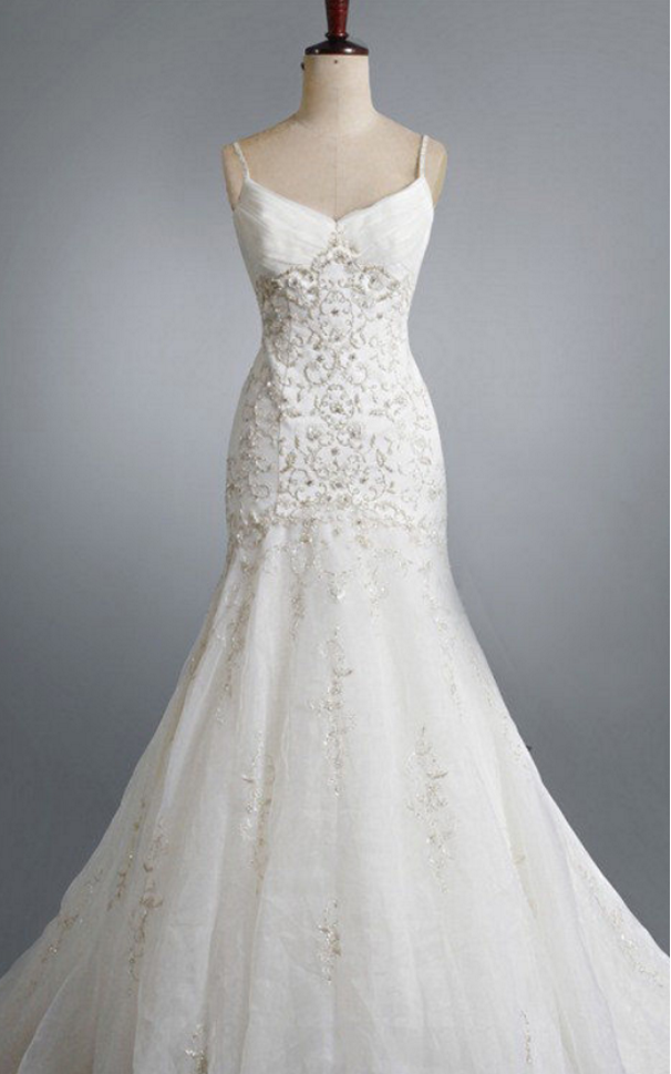 Spaghetti Strap V-neck Floral Embroidered Mermaid Wedding Dress Featuring Open Back