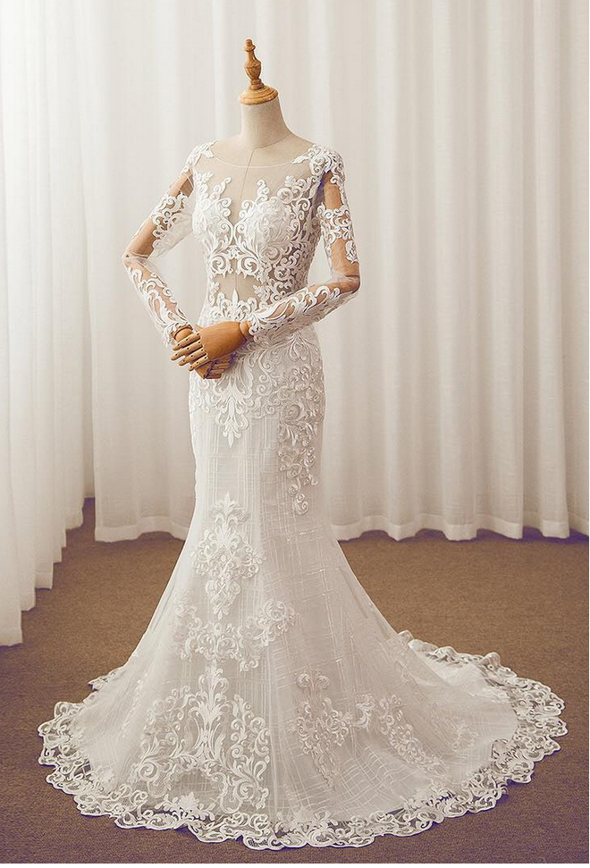 Sheer Lace Appliqués Mermaid Wedding Dress With Long Sleeves And Train
