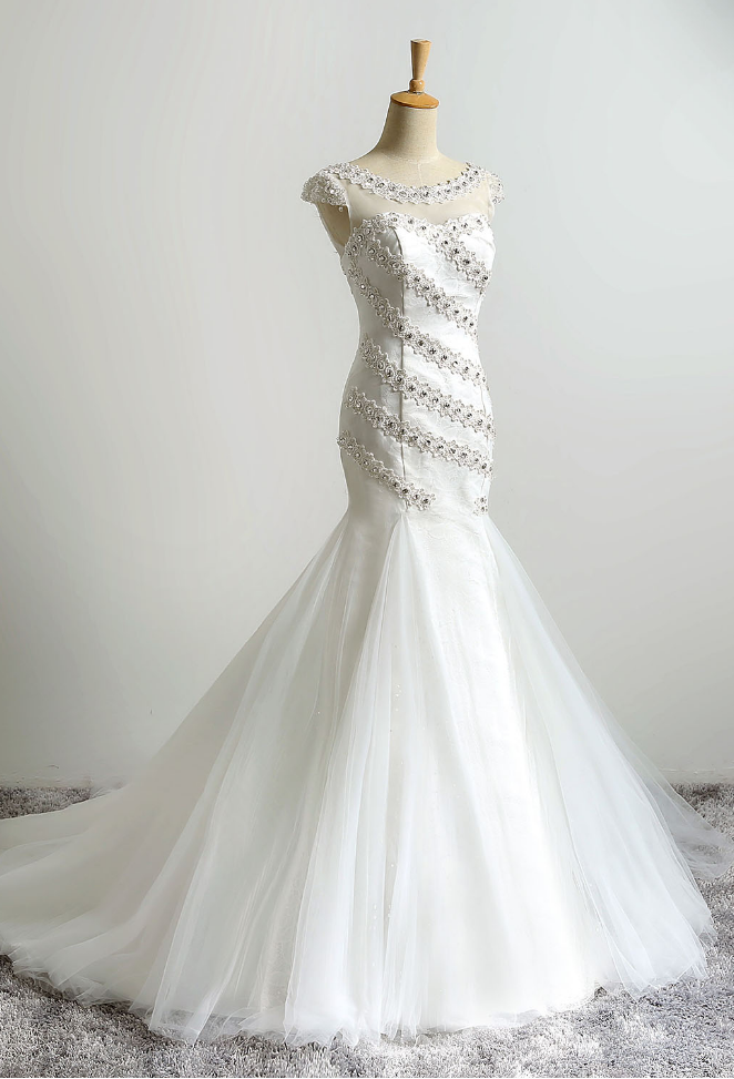 Ivory Illusion Jewel Neckline Mermaid Wedding Dresses Long Vintage Beaded Wedding Bridal Gowns
