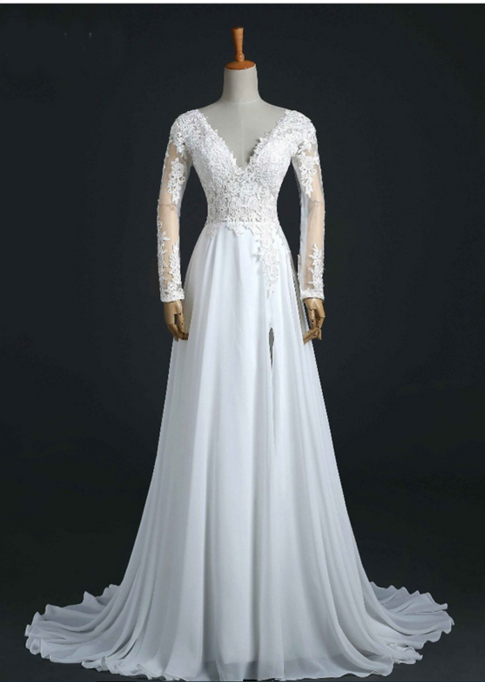 Long Wedding Dress, Lace Wedding Dress, Chiffon Wedding Dress, Side Split Bridal Dress