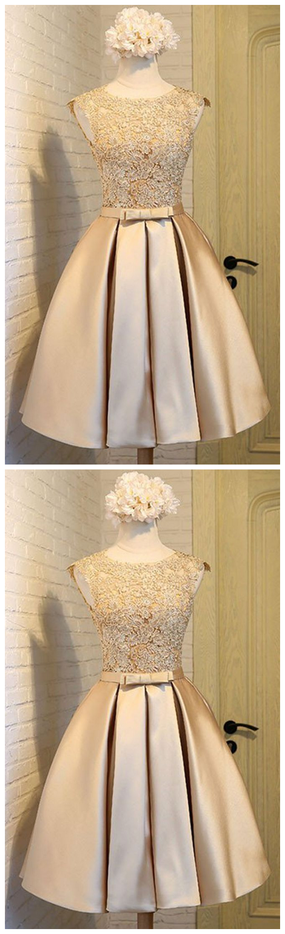 Light Golden Satin Homecoming Dress,lace Round Neck Homecoming Dresses