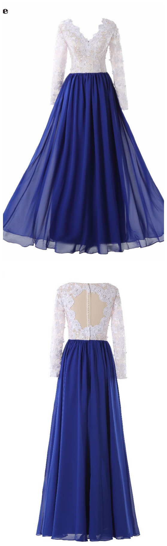 Royal Blue Chiffon White Lace Top Evening Dresses Long Sleeves Prom Party Gown