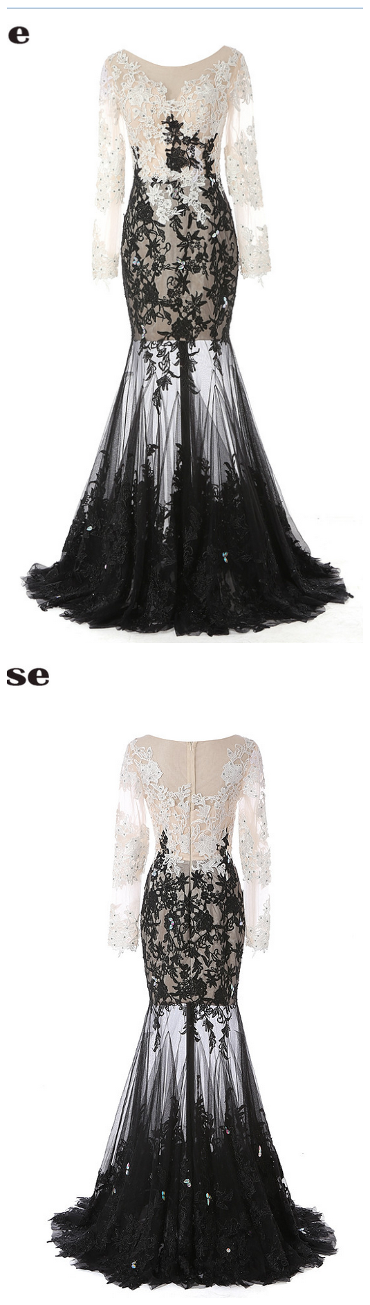 Black Skirt Appliques Beaded Evening Dresses ,sexy Long Sleeves Prom Party Gown
