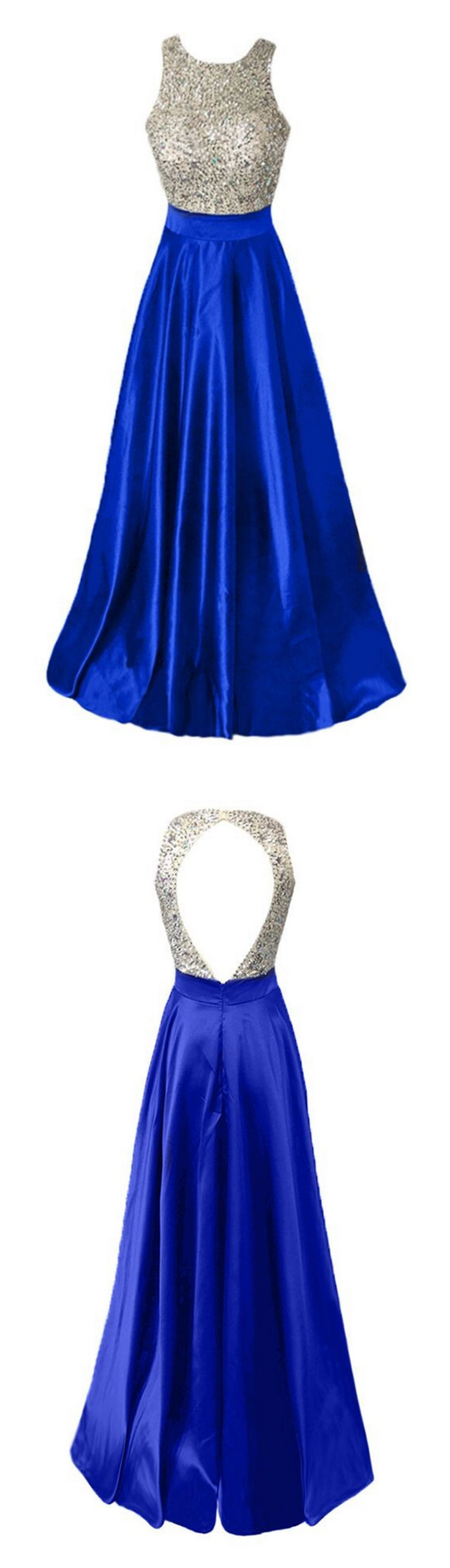 Royal Blue Stretch Satin Beaded Top Evening Dresses, Back Hole Prom Party Gowns