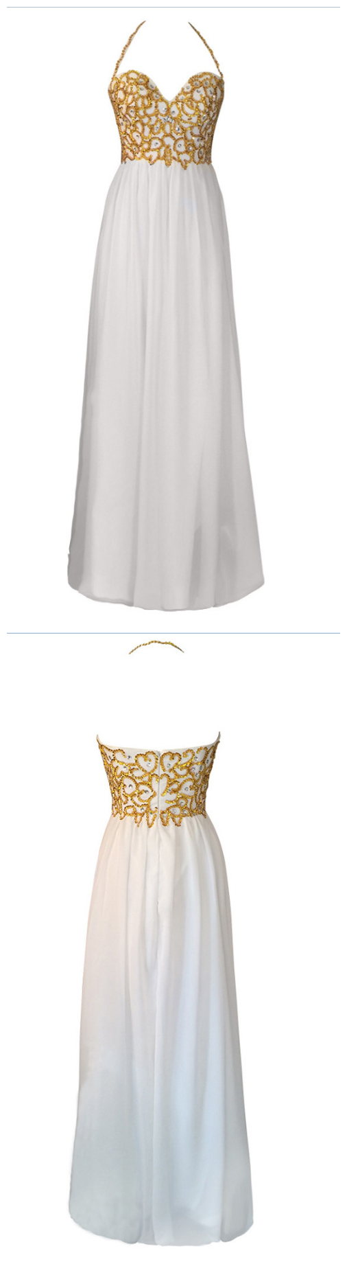 Long A-line White Chiffon Gold Beads Evening Dresses, Vestido De Festa Low Back Prom Party Gown