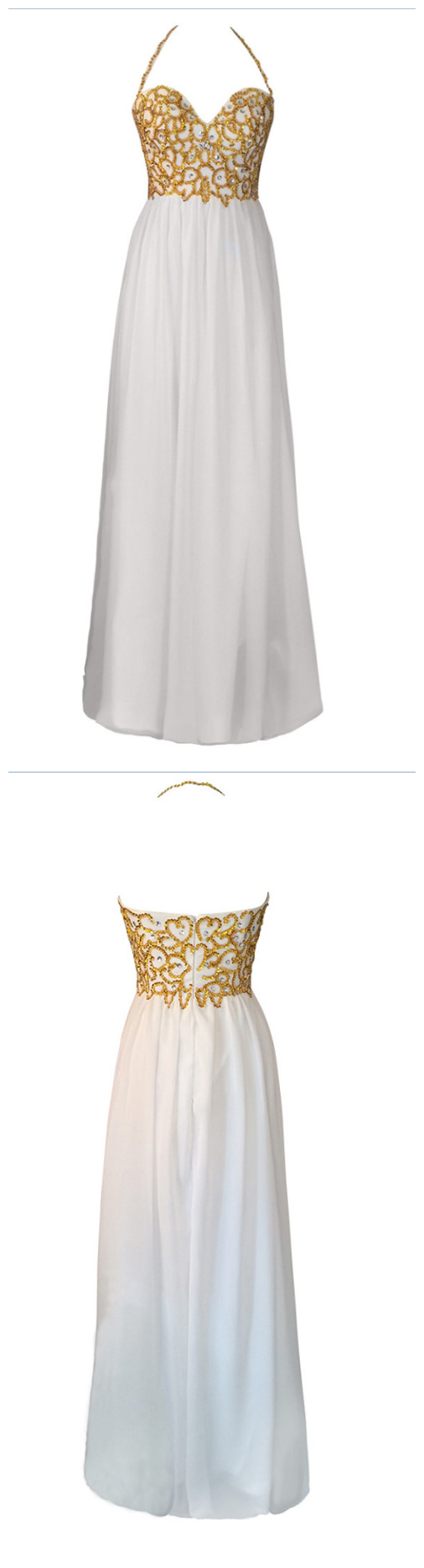 Long A-line White Chiffon Gold Beads Evening Dresses, Vestido de Festa Low Back Prom Party Gown