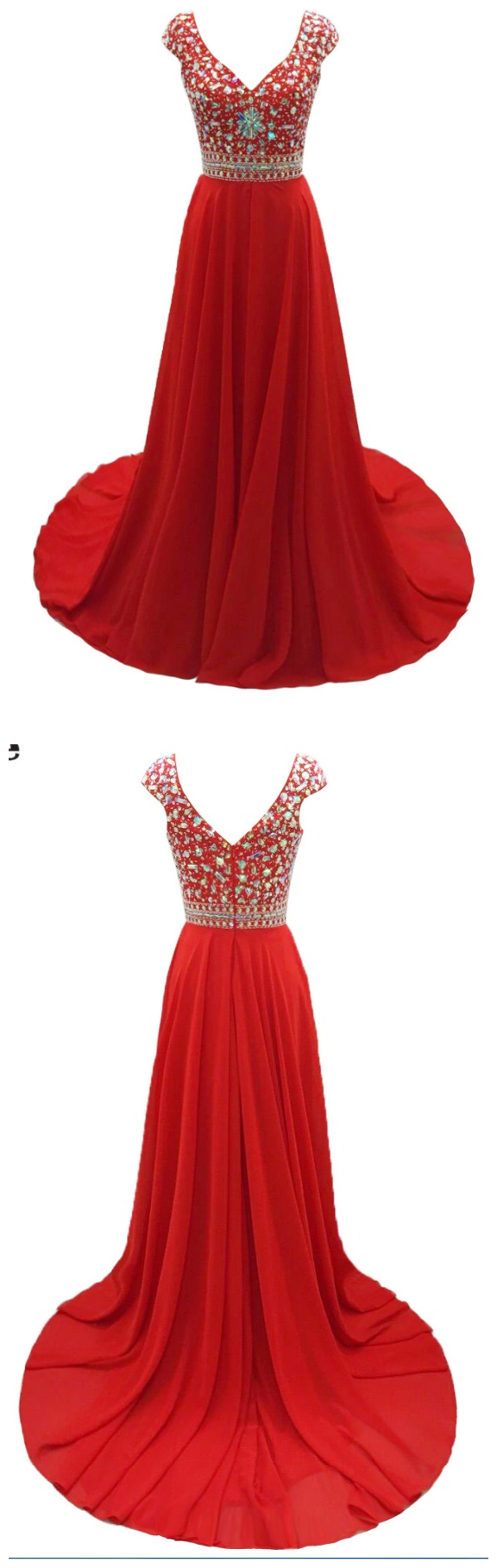 Red Chiffon Beaded Evening Dresses, Sweetheart Short Sleeves Charming Prom Party Gowns