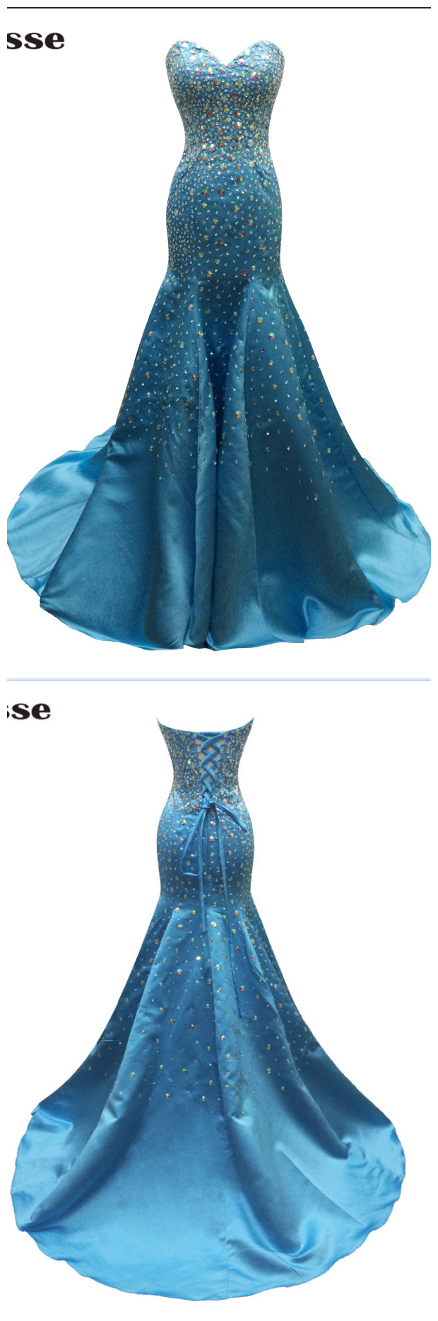Mermaid Blue Satin Beaded Evening Dresses, Charming Vestido De Festa Luxury Court Train Prom Party Gowns