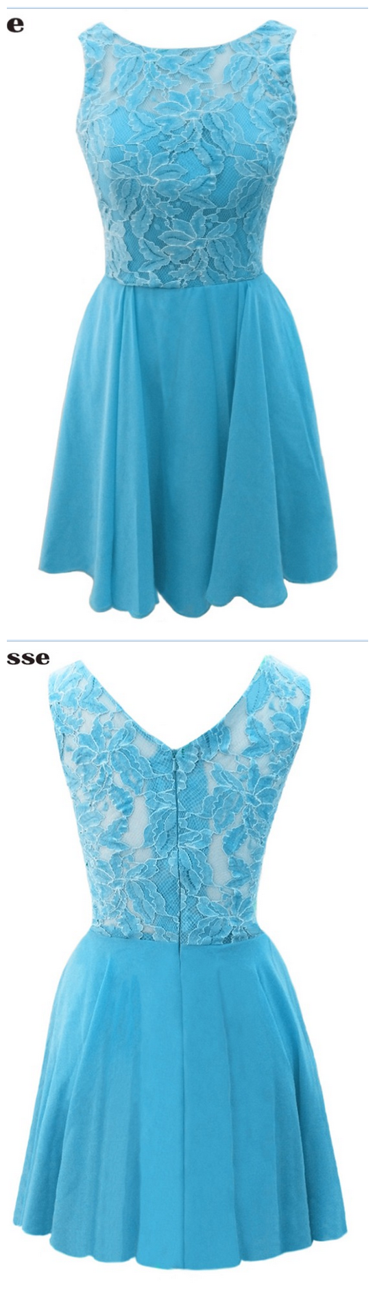 Blue Chiffon Lace Top Short Evening Dresses, Vestido De Festa Cap Sleeves V-back Prom Party Gown