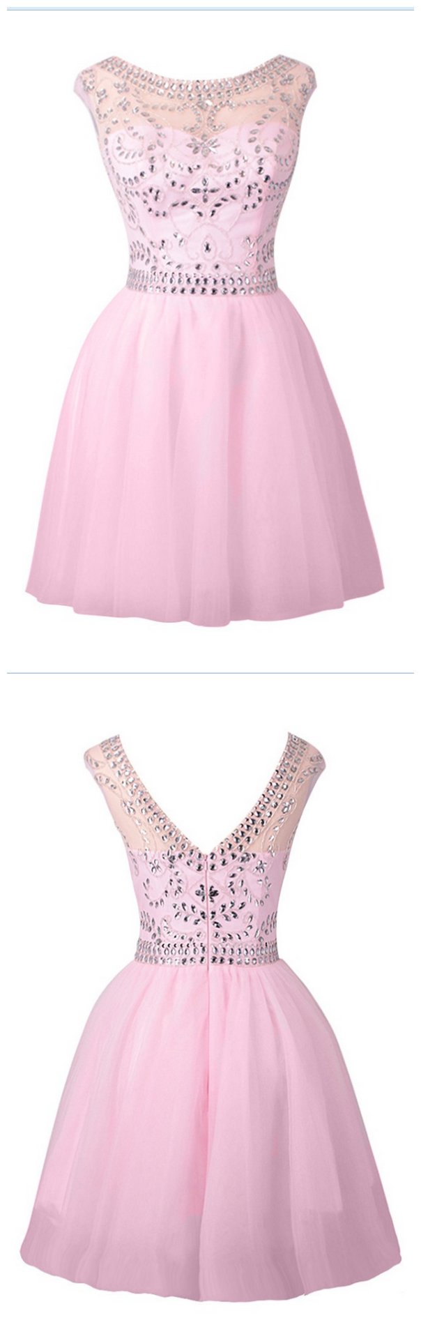 Pink Tulle A-line Short Evening Dresses, Vestido De Festa Cap Sleeves V-back Lady Prom Gown