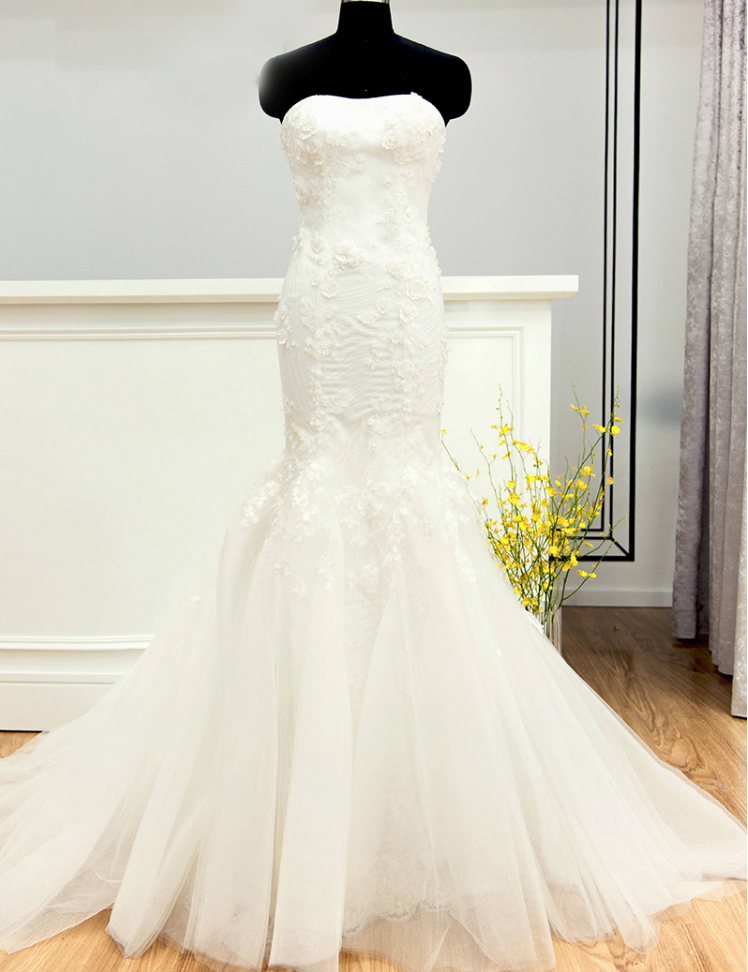 Long Wedding Dress, Tulle Wedding Dress, Lace Applique Mermaid Wedding Dress, Sexy Bridal Dress,