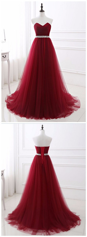 Dark Red Evening Dresses ,net Pleat Beading Custom Made Lace-up Back Prom Party Gown