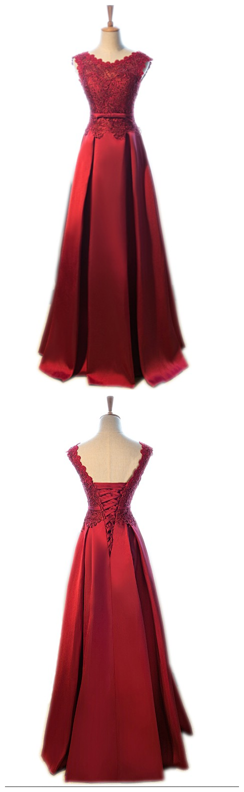 Lace Beading Long A-line Vestido Satin Sleeveless Dark Red Prom Dress