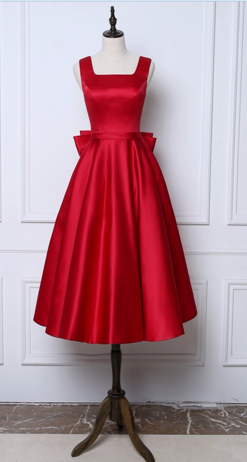 Dark Red A-line Evening Dresses ,square Collar Satin Custom Made Prom Party Gown