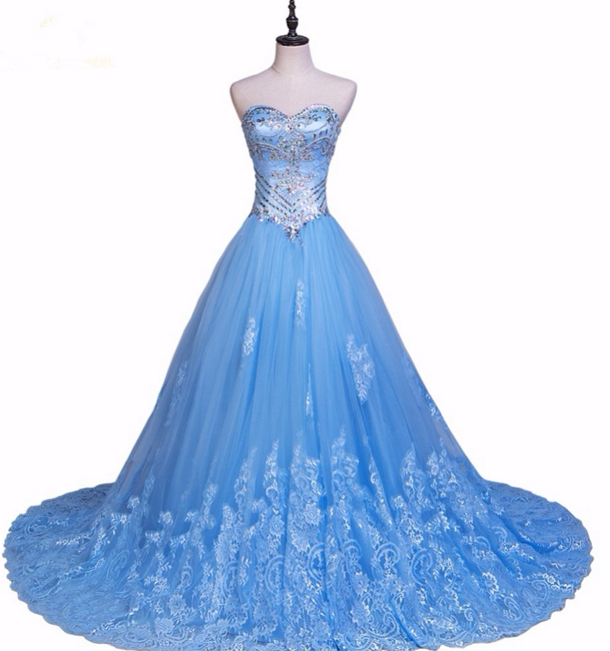 Longo Blue Party Dresses ,tulle Lace Beaded Crystal A-line Sweetheart With Jacket Formal Evening Gowns