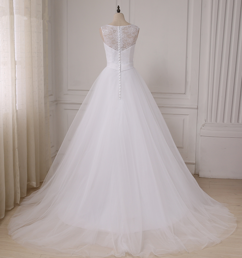 Cap Sleeve Tulle White Lace Wedding Dress, Elegant A-line Bridal Gowns PW453 main image 0