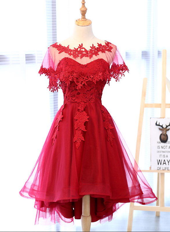 Red Lace Sweetheart With Veil Asymmetrical Off The Shoulder Tea-length Evening Dress