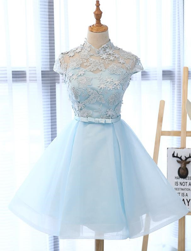 Blue High Neck Short Sleeve Organza Cap Sleeve Prom Dress