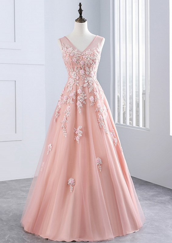 Pink Long Evening Dresses, Party Tulle Appliques A Line Women Beautiful Prom Formal Evening Gown Dress