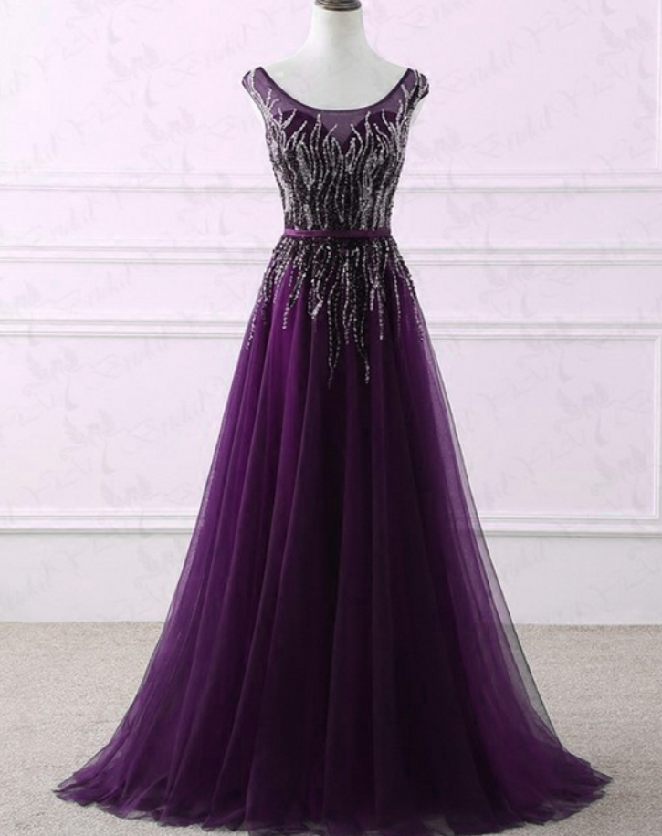 Long Evening Dresses ,party Women Sequin Tulle Purple Evening Gowns Dresse