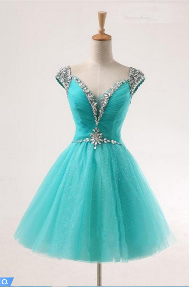Teal V-neck A-line Short Tulle Beaded Homecoming Dresses 