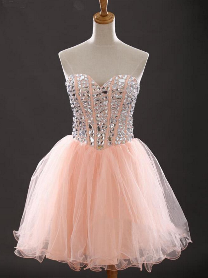 Rhinestone Peach Homecoming Dress, Tulle Homecoming Dress, Short Homecoming Dresses, Homecoming Dress, Short Prom Dresses,