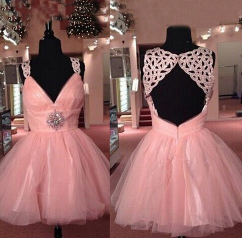 Adorable A-line Homcoming Dress,sexy V-neckbackless Homecoming Dresses,pink Chiffon Homecoming Dress