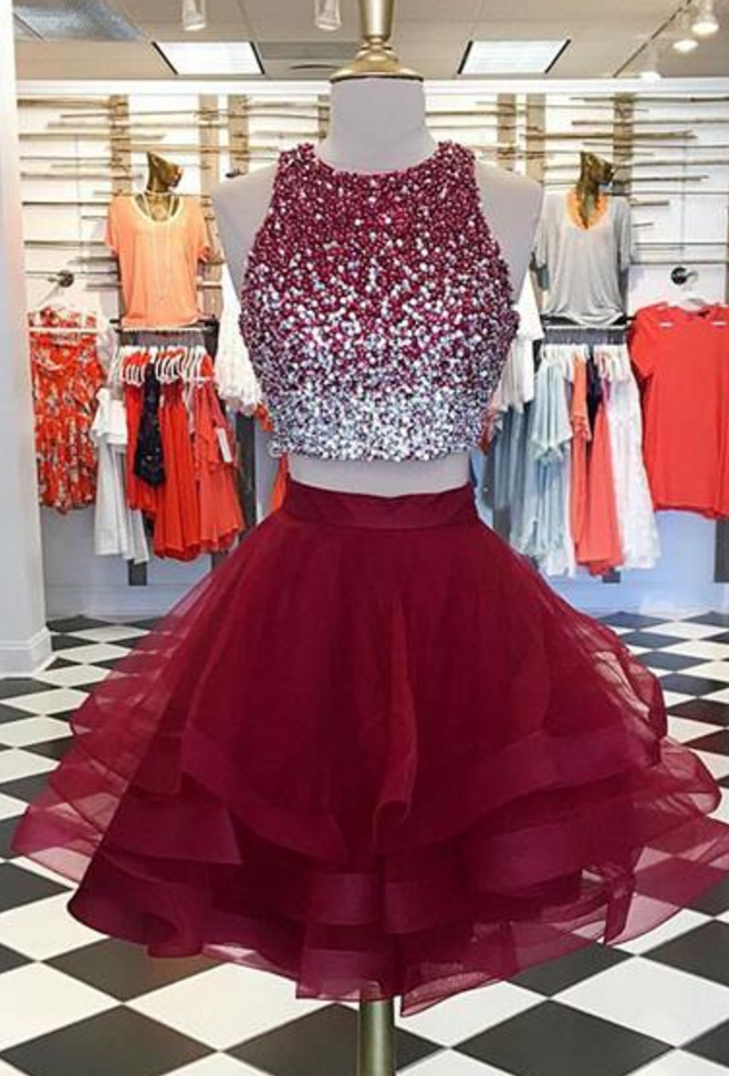 BURGUNDY TWO PIECES SEQUIN TULLE SHORT PROM DRESS, HOMECOMING DRESS