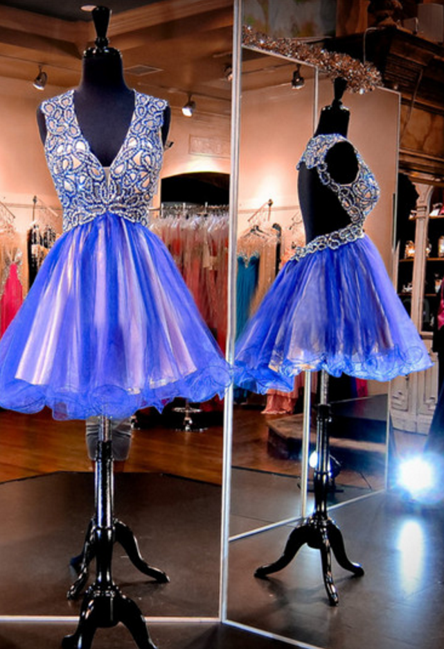 Homecoming Dresses ,sparkle Royal Blue Prom Dresses,v-neck Prom Dresses,short Prom Dresses,junior Prom Dresses,tulle Prom Dresses,sexy Backless