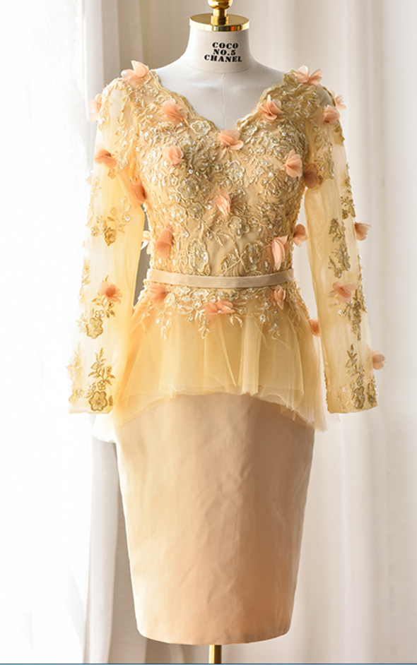 Sheath V Neck Long Sleeves Lace Flowers Knee Length Peplum Celebrity Gown Evening Dress Short Prom Dress Cocktail Dresses Sheath V Neck Long Sleeves Lace Flowers Knee Length Peplum Celebrity Gown Evening Dress Short Prom Dress Cocktail Dresses
