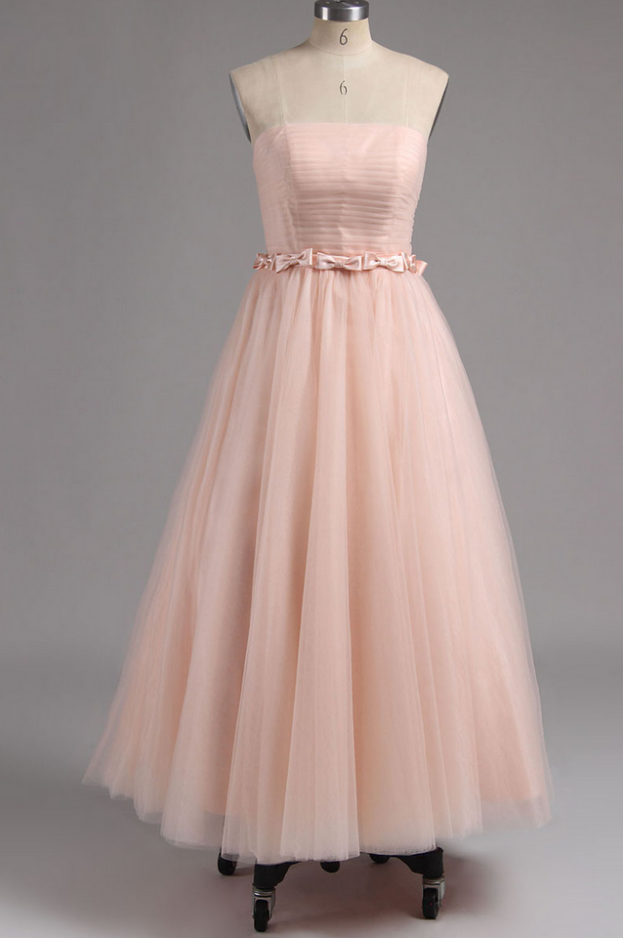 Strapless Homecoming Dress In Tea Length With Pleats, Princess Lace-up Homecoming Dress With Bowknot, Elegant Pink Tulle Homecoming Dress,