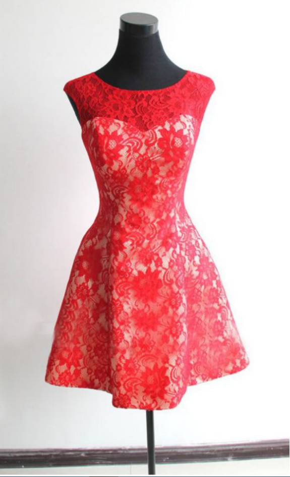 Red Homecoming Dresses Zippers Sleeveless A Line O-neck Mini Lace
