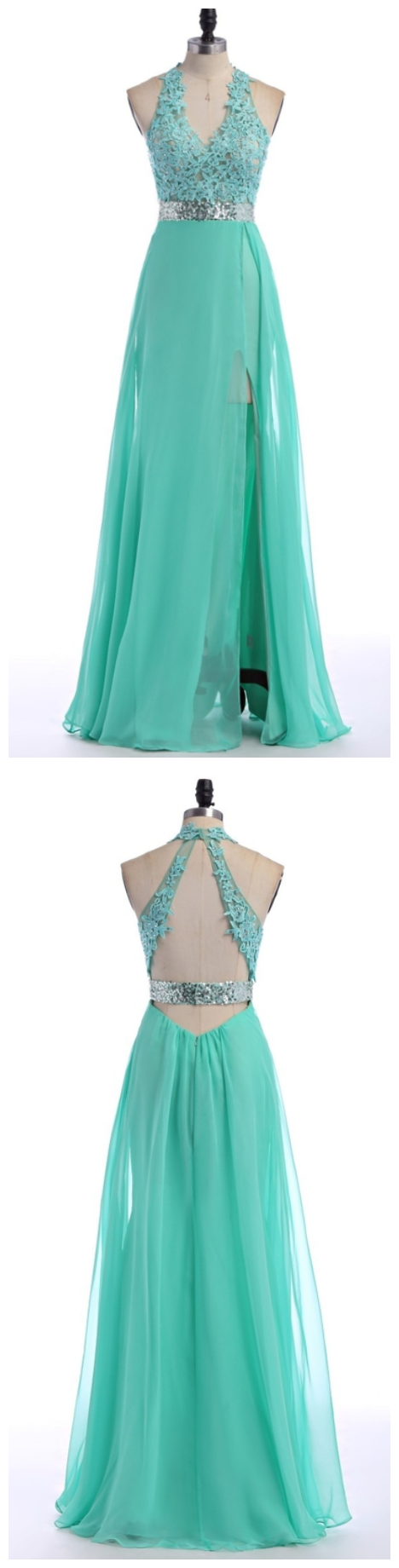 V-neck Green Lace Chiffon Prom Dress,evening Dresses